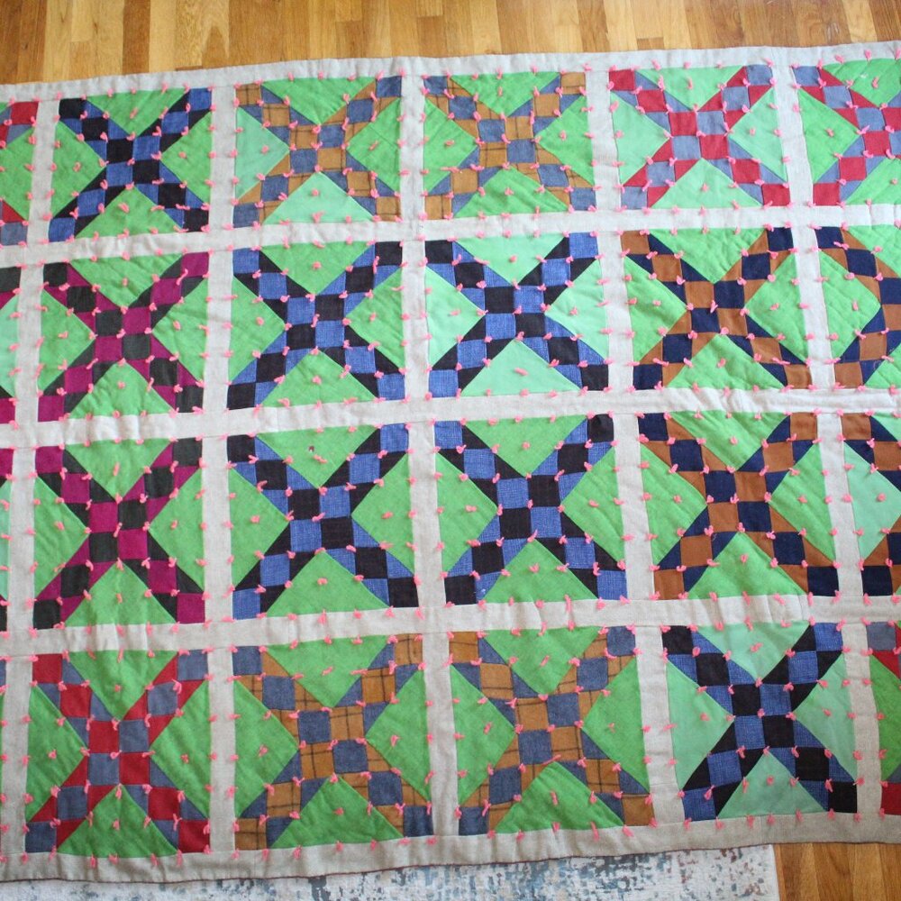 Vintage Handmade Railroad Patchwork Yarn Tied X Block Quilt Twin Full 63" x 89"